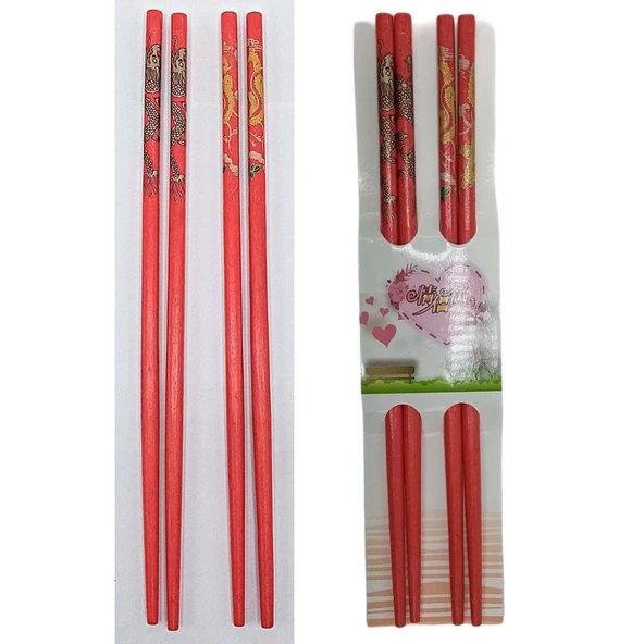 Chopstick Yemek Çubuğu Haşi Kırmızı 2 Çift Orijinal Desenli - 3