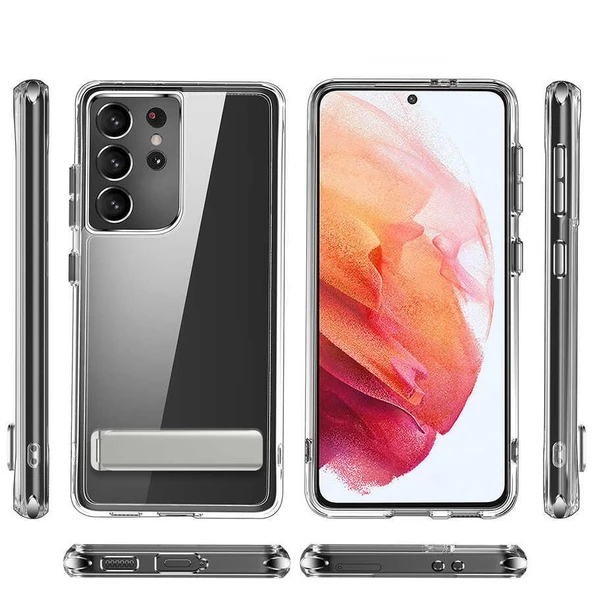 Galaxy S21 Ultra Kılıf Standlı Şeffaf Silikon Zore L-Stand Kılıf - Resim 2