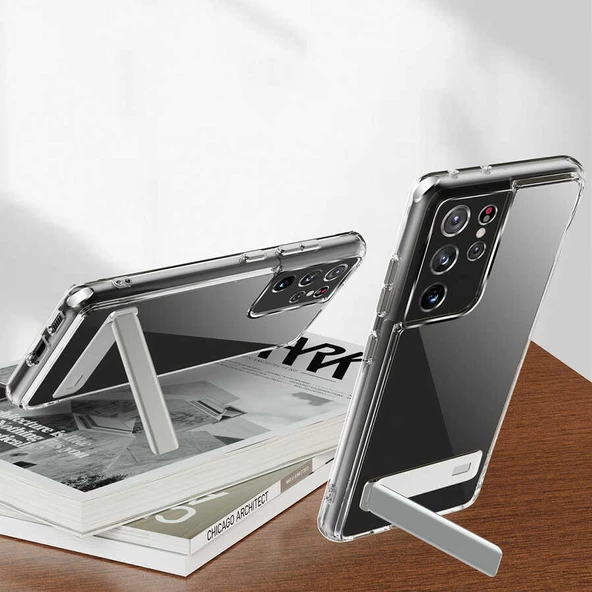 Galaxy S21 Ultra Kılıf Standlı Şeffaf Silikon Zore L-Stand Kılıf - Resim 4