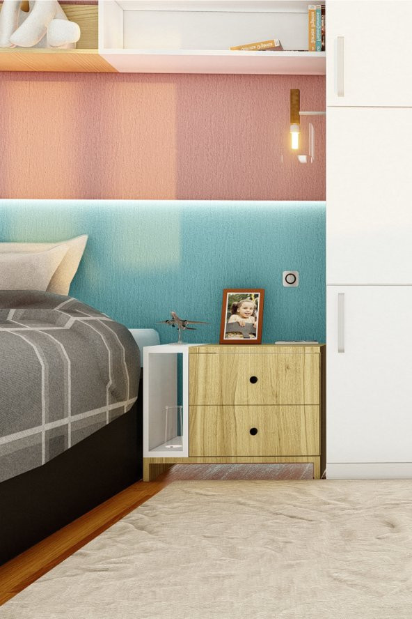 Fatih İki Çekmeceli Tek Raflı Modern Komodin - (Meşe -Beyaz) ürün görseli