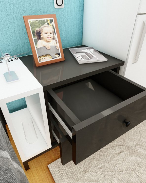 Fatih İki Çekmeceli Tek Raflı Modern Komodin - (Siyah -Beyaz) - Resim 2