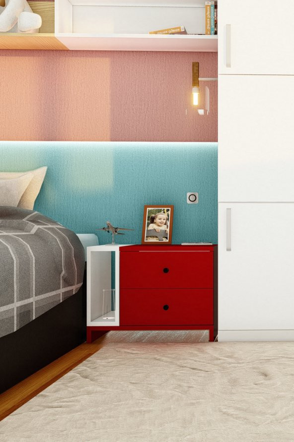 Ünüvar Konsept Fatih Çift çekmeceli Tek Raflı Komodin (Kırmızı-Beyaz) - Resim 3