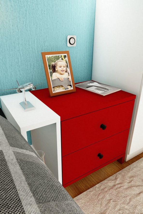 Ünüvar Konsept Fatih Çift çekmeceli Tek Raflı Komodin (Kırmızı-Beyaz) - Resim 4