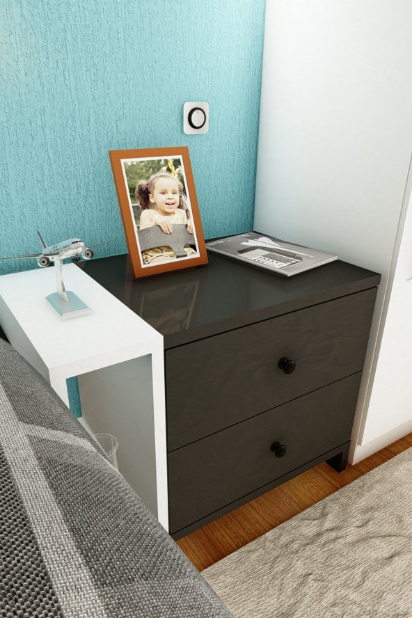 Fatih İki Çekmeceli Tek Raflı Modern Komodin - (Siyah -Beyaz) - Resim 3