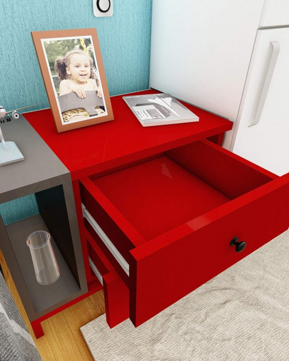 Fatih Çift Çekmeceli Tek Raflı Komodin - (Kırmızı-Antrasit) - Resim 2