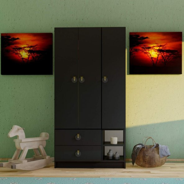 Emre 3 Kapaklı 2 Çekmeceli Gardrop - Siyah k1 ürün görseli