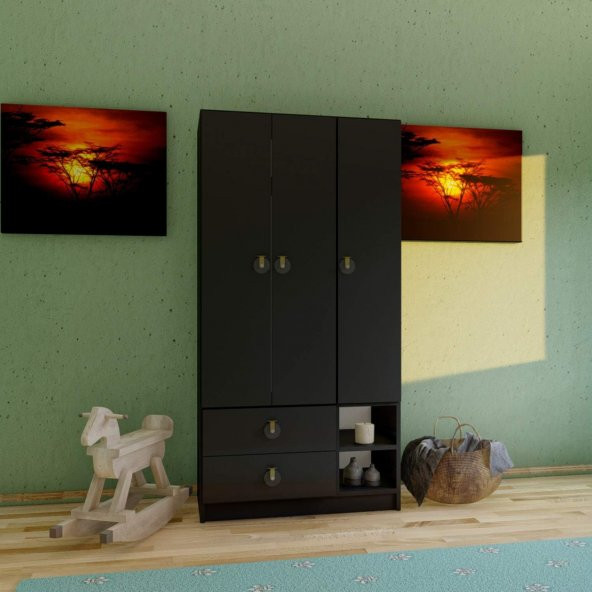 Ünüvar Konsept Emre 3 Kapaklı 2 Çekmeceli Gardrop Siyah k1 - Resim 4