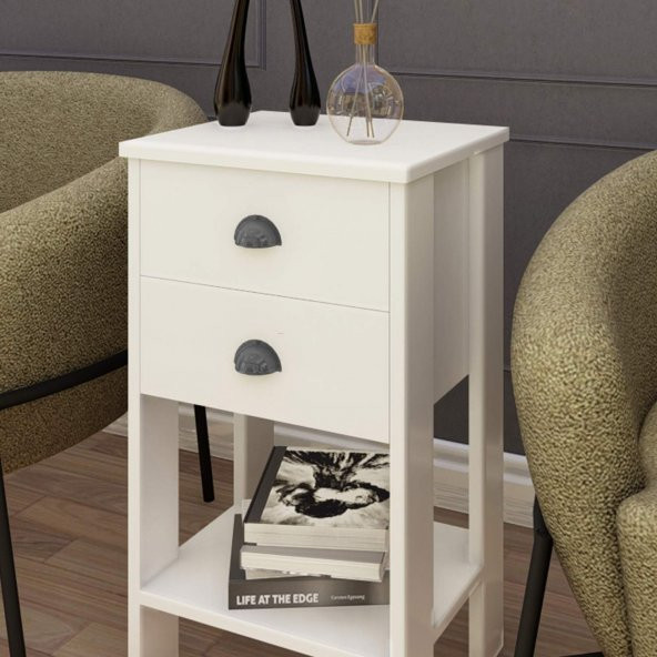 Ünüvar Konsept Retro Serisi Çift Çekmeceli Komodin Beyaz Füme Kulp - Resim 5