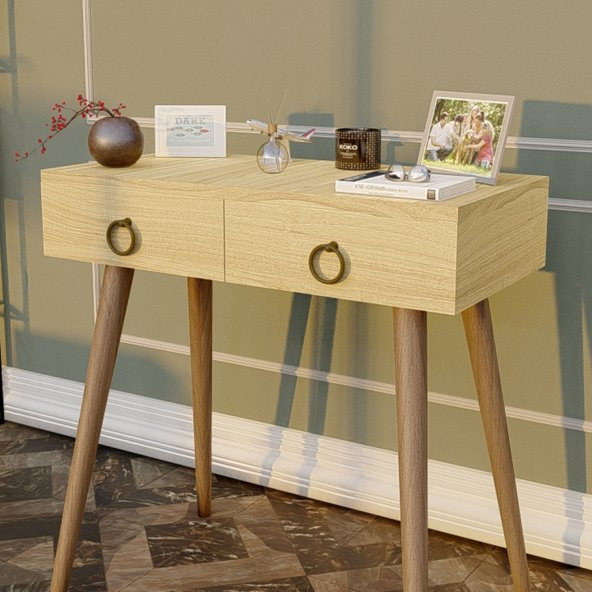 Ahşap Ayaklı Çift Çekmeceli Modern Dresuar Meşe - Ceviz Ayak - 2