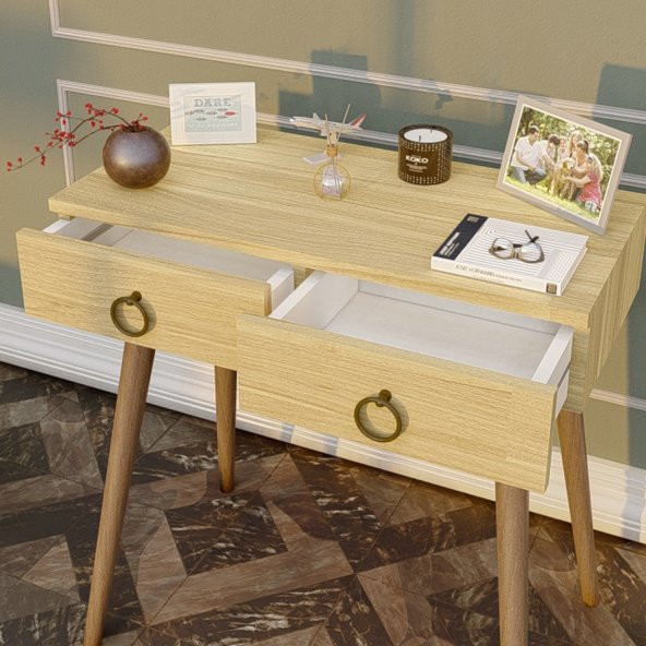 Ahşap Ayaklı Çift Çekmeceli Modern Dresuar Meşe - Ceviz Ayak - 3