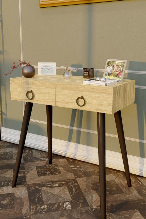 Ahşap Ayaklı Çift Çekmeceli Modern Dresuar Meşe - Siyah Ayak - 3
