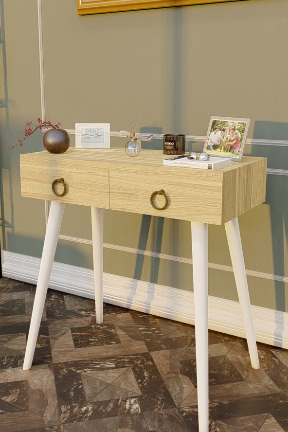 Ahşap Ayaklı Çift Çekmeceli Modern Dresuar Meşe - Beyaz Ayak - 3