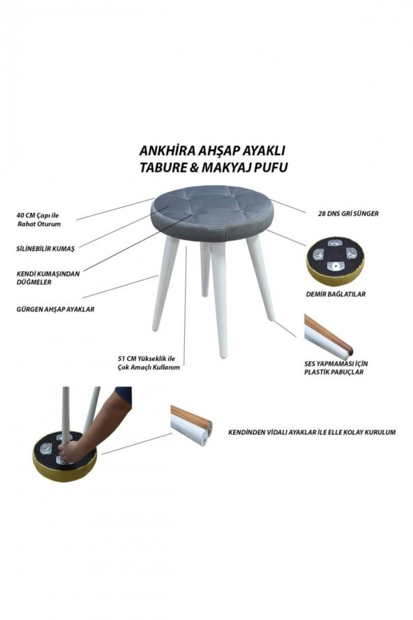 Ankhira TABURE 3 AHŞAP AYAK-METAL APARATLI SİLENEBİLİR KUMAŞ  SARI - 2