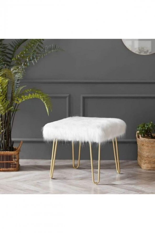 Sandalyecafesi Puf & Benç 45*45-Gold Ayak Dökülmez Peluş Beyaz K1