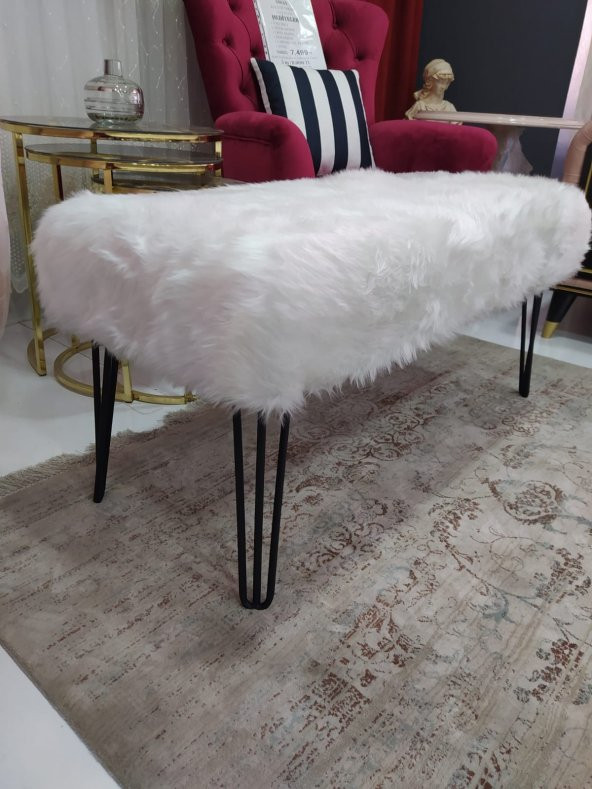 Ünüvar Konsept Puf & Benç 45*100-Siyah Metal Ayak Dökülmez Peluş Beyaz - 2