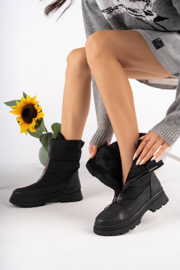 Merve BAŞ Kadın Siyah Cilt Fermuarlı Kar Botu 007 Cilt - 5