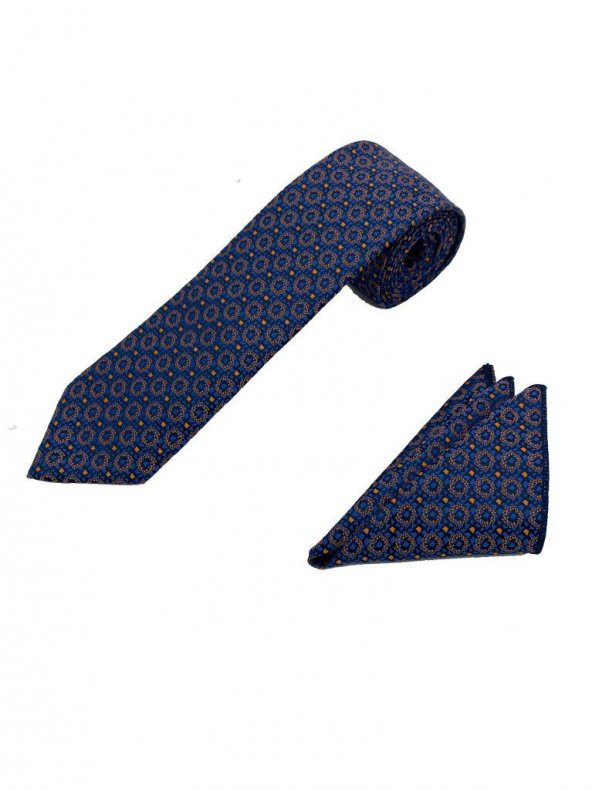 Brianze Mavi Sarı Desenli Kravat Mendil Set - 4