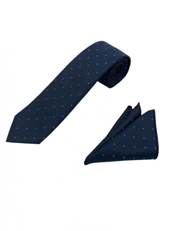 Brianze Lacivert Mor Puantiyeli Kravat Mendil Set - 4