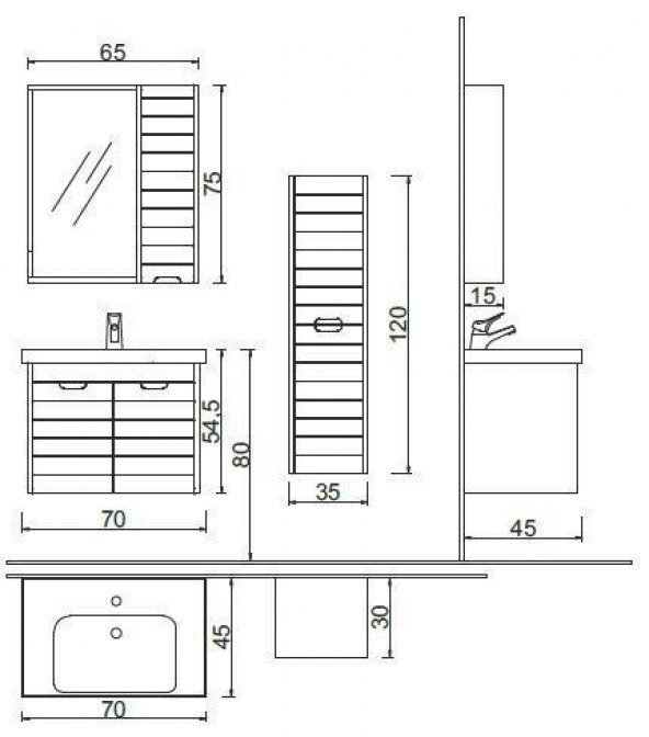 Denko Mostar 70 cm MDF Beyaz Banyo Dolabı Takımı ve Boy Dolabı - 4