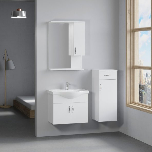 Denko Akyazı 55 cm MDF Beyaz Banyo Dolabı Takımı ve Boy Dolabı