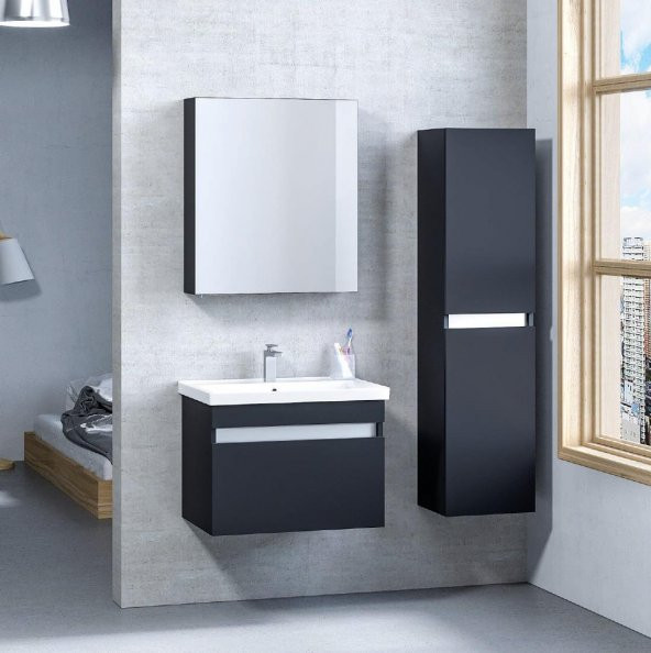 Denko More 65 cm MDF Siyah Banyo Dolabı Takımı ve Boy Dolabı