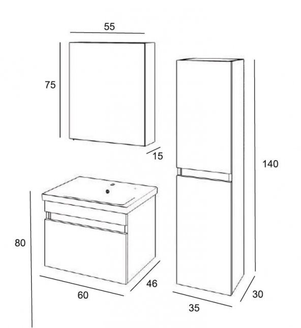 Denko More 65 cm MDF Siyah Banyo Dolabı Takımı ve Boy Dolabı - 3