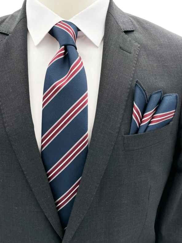 Brianze Lacivert Bordo Beyaz Çizgili Kravat Mendil Set ürün görseli 1
