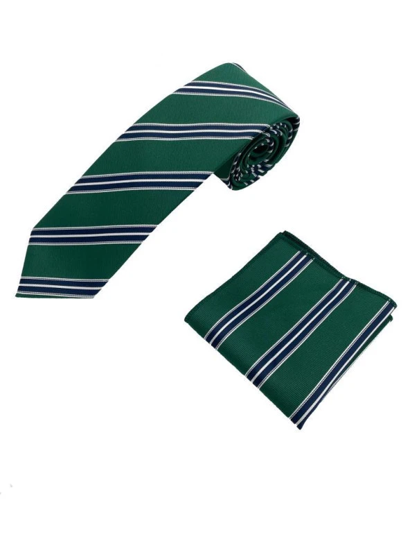 Brianze Yeşil Lacivert Beyaz Çizgili Kravat Mendil Set - Resim 3