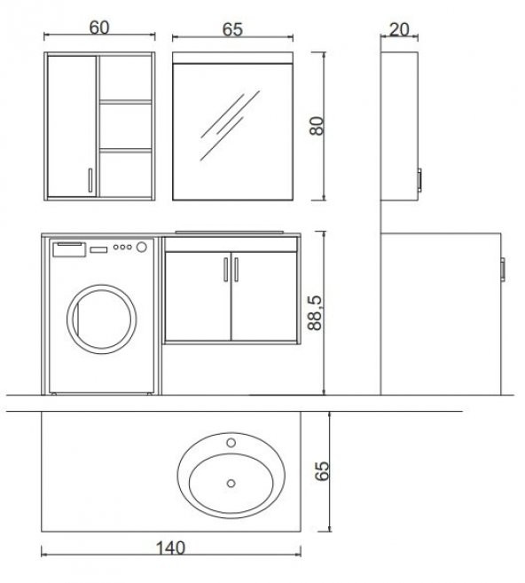 Denko Omega 140 cm MDF Banyo Çamaşır Makinesi Dolabı Takımı - 2