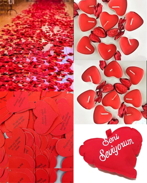 25 Adet Kalpli Tealight Mum +1500 Adet Kuru Gül +365 Gün Söz Kartları + 1 Adet Seni Seviyorum Yastık