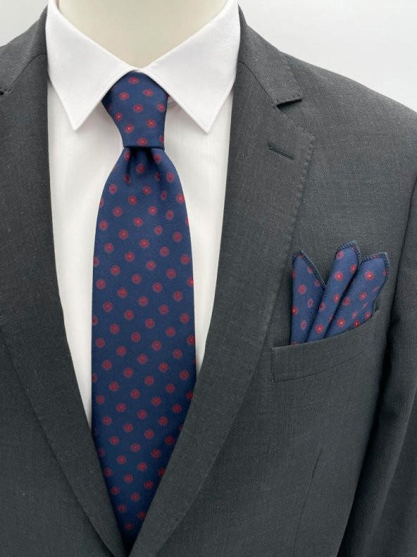Brianze Lacivert Bordo Desenli Kravat Mendil Set