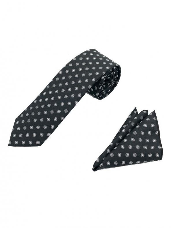 Brianze Siyah Beyaz Desenli Kravat Mendil Set - 4