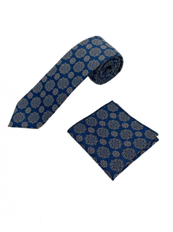 Brianze Lacivert Geometrik Desen Kravat Mendil Set - Resim 3