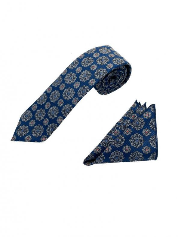 Brianze Lacivert Geometrik Desen Kravat Mendil Set - Resim 4