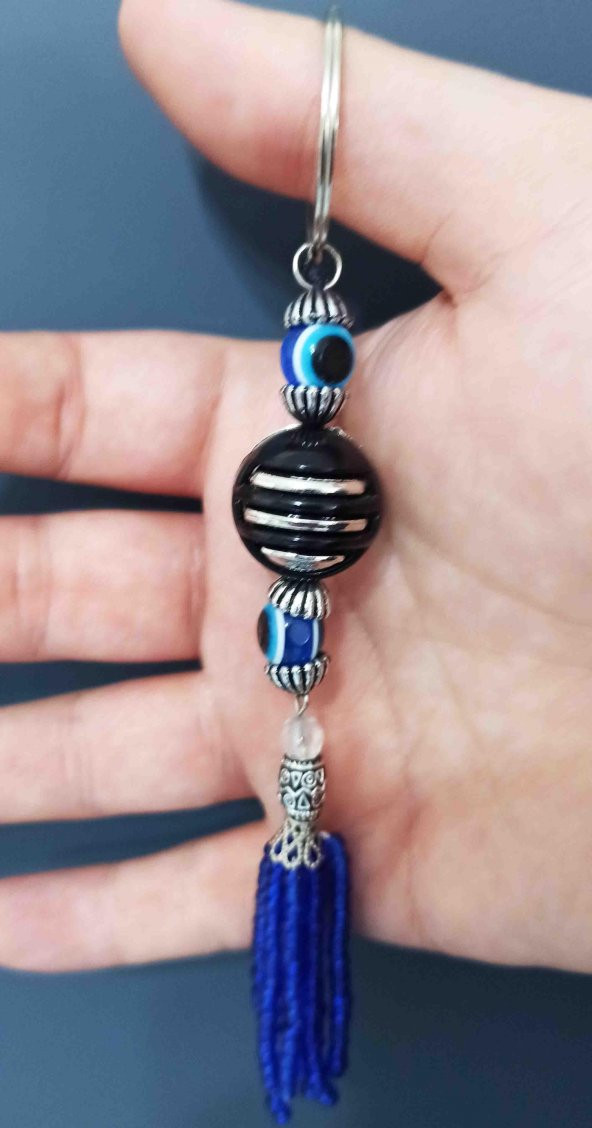 Nazar Boncuklu Mavi Püsküllü Siyah Toplu Anahtarlık - 2