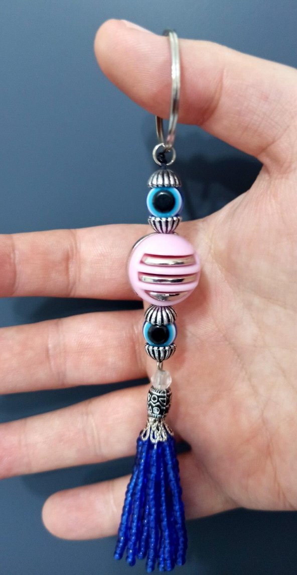 Nazar Boncuklu Mavi Boncuk Püsküllü Pembe Toplu Anahtarlık - 2