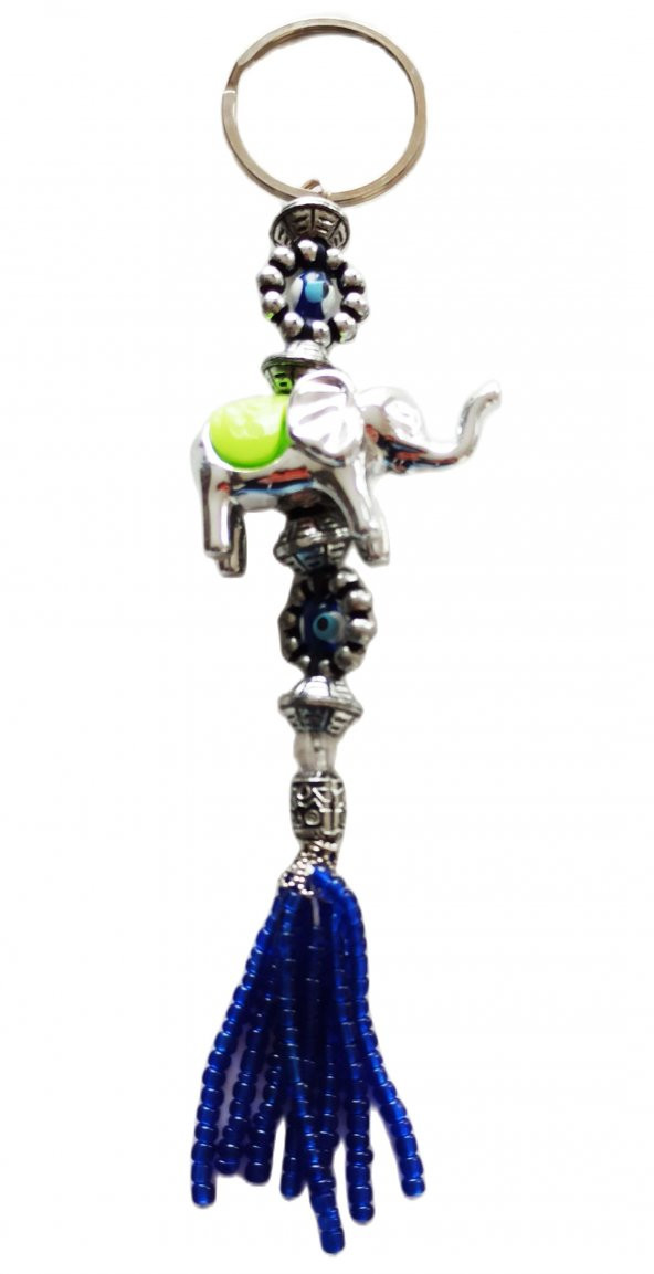 Nazar Boncuklu Boncuk Püsküllü Yeşil Filli Anahtarlık - 2