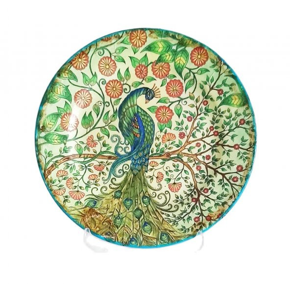 Turuncu Çiçekli Yeşil Tavus Kuşlu El Boyaması Dekoratif Tabak Masa Ve Konsol Süsü