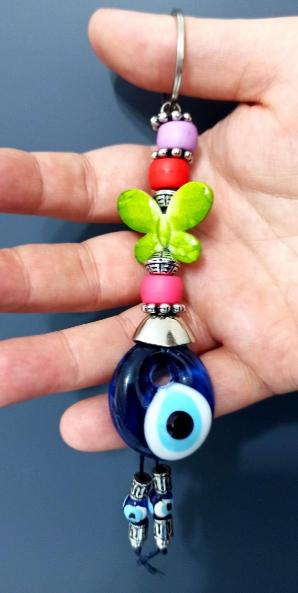 Nazar Boncuklu Yeşil Kelebekli Renkli Boncuklu Anahtarlık - 2