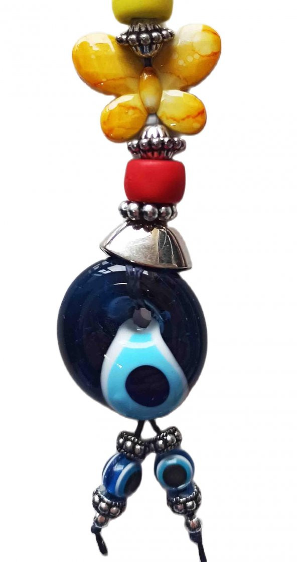 Nazar Boncuklu Sarı Kelebekli Renkli Boncuklu Anahtarlık - 2