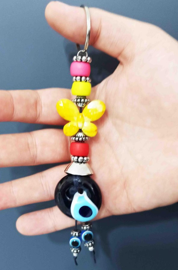 Nazar Boncuklu Sarı Kelebekli Renkli Boncuklu Anahtarlık - 3