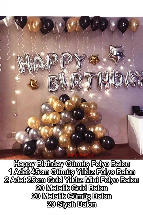 60lı Gold-Gümüş-Siyah Balon Konsepti Doğum Günü Partisi Süsleme Malzeme Seti