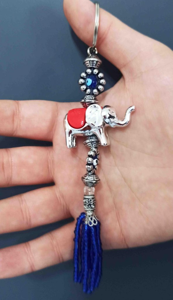 Nazar Boncuklu Boncuk Püsküllü Kırmızı Filli Anahtarlık - 3