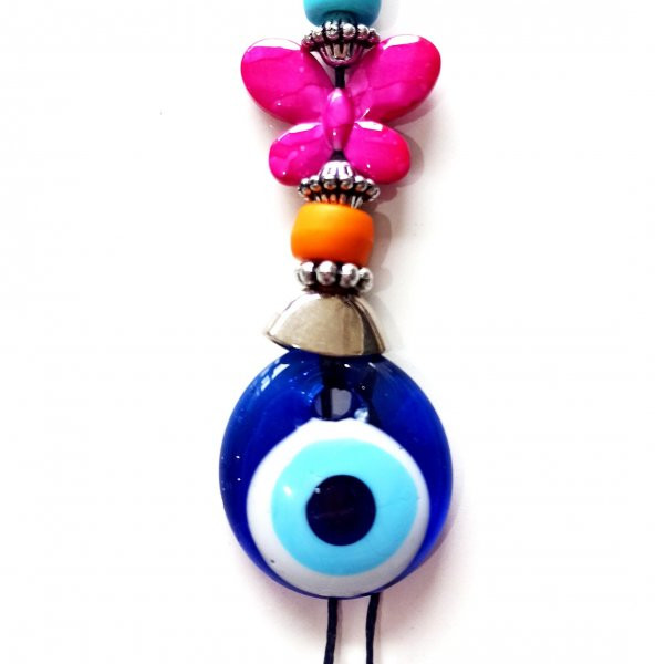 Nazar Boncuklu Fuşya Rengi Kelebekli Renkli Boncuklu Anahtarlık - 2