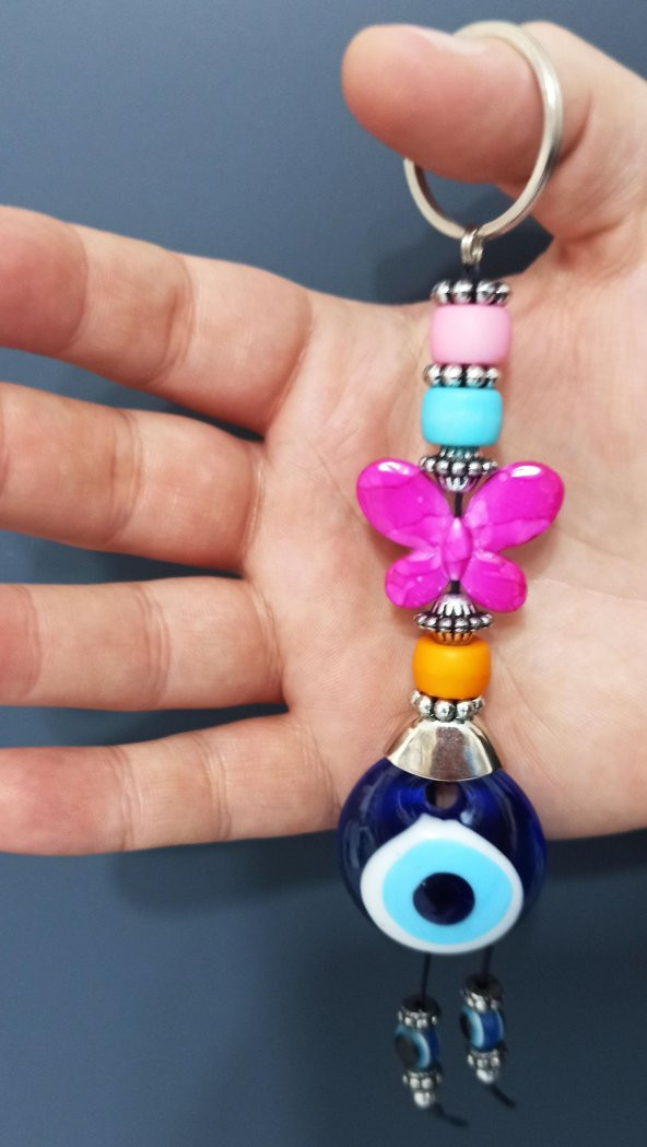 Nazar Boncuklu Fuşya Rengi Kelebekli Renkli Boncuklu Anahtarlık - 3