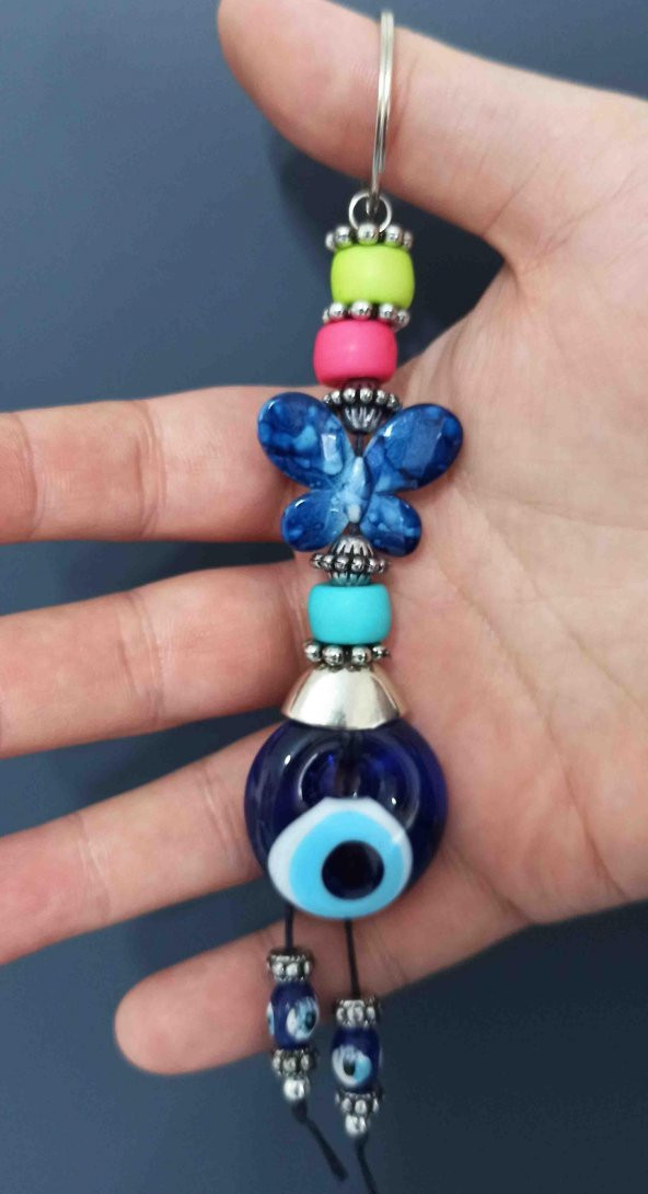 Nazar Boncuklu Mavi Kelebekli Renkli Boncuklu Anahtarlık - 2