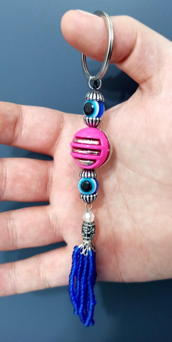 Nazar Boncuklu Mavi Püsküllü Fuşya Rengi Toplu Anahtarlık - 2