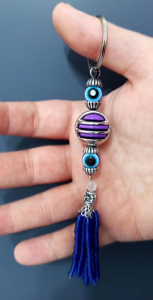 Nazar Boncuklu Mavi Püsküllü Mor Renk Anahtarlık - 2