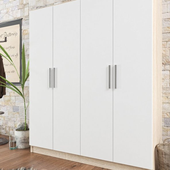 Milano Beyaz Sonomo 4 Kapaklı Gardırop 11 Raflı 2 Askılıklı - 2