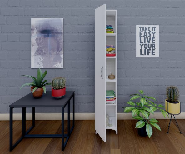 Tek Kapaklı 5 Raflı Banyo, Kiler, Mutfak, Çok Amaçlı Dolap - Beyaz - 3
